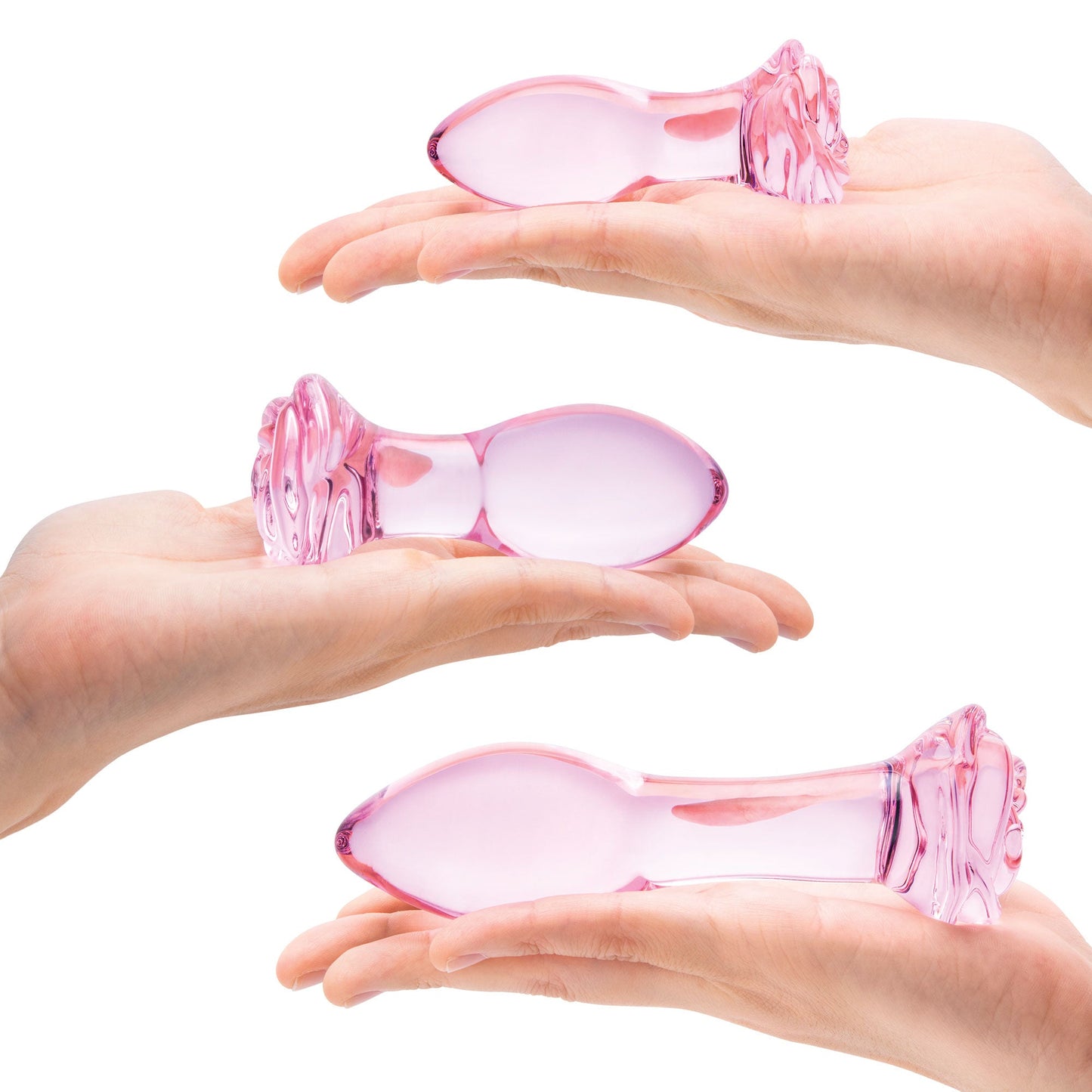 Glas 3PC Rosebud Butt Plug Set Pink Handblown Glass Anal Training Set 3.5, 4.5, and 5.5 Inches > Glass > Toys - Tophatter Daily Deals