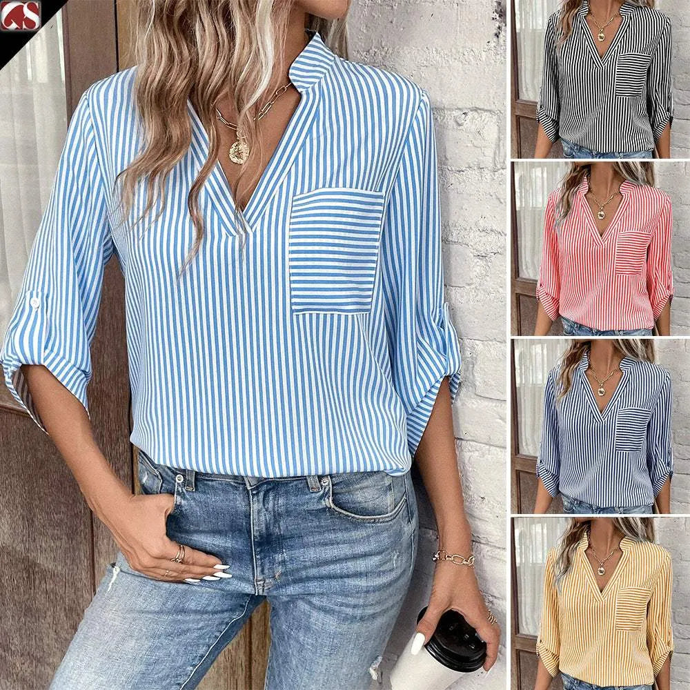 Women's V-neck Pullover Striped Printed Long Sleeves Casual Shirt Humidifier - Tophatter Daily Deals