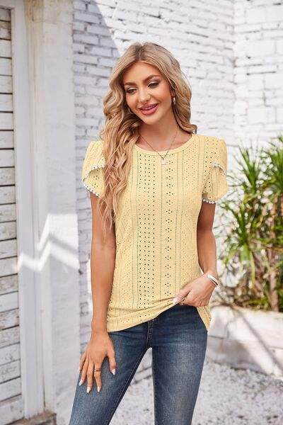 Eyelet Round Neck Petal Sleeve T-Shirt Butter Yellow Women's T-Shirts - Tophatter Daily Deals