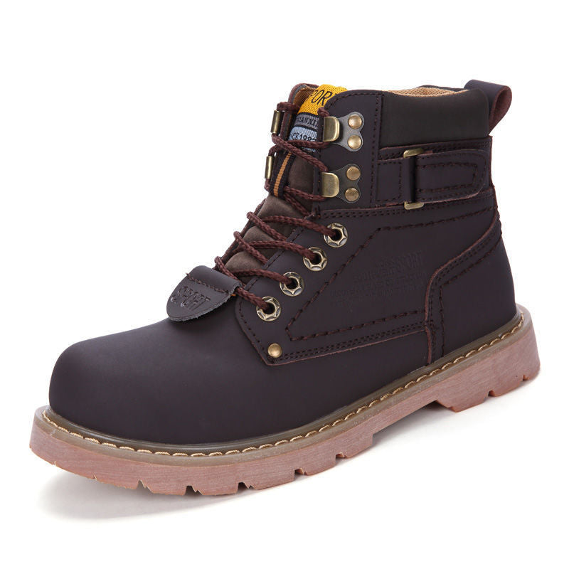 British Style Winter High-top Tooling Plus Velvet Korean Trendy Cowhide Rhubarb Boots Dark brown 0 - Tophatter Daily Deals