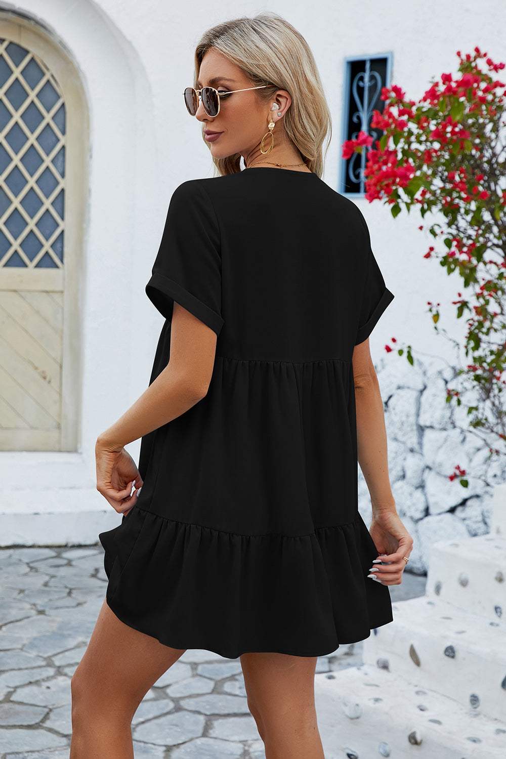 Ruched Tiered V-Neck Short Sleeve Mini Dress Casual Dresses - Tophatter Daily Deals