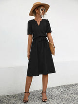 Tied Notched Short Sleeve Dress Casual Dresses - Tophatter Daily Deals