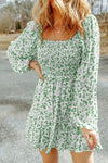 Smocked Floral Square Neck Balloon Sleeve Dress Green Casual Dresses - Tophatter Daily Deals