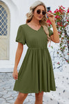 V-Neck Balloon Short Sleeve Dress Moss Casual Dresses - Tophatter Daily Deals