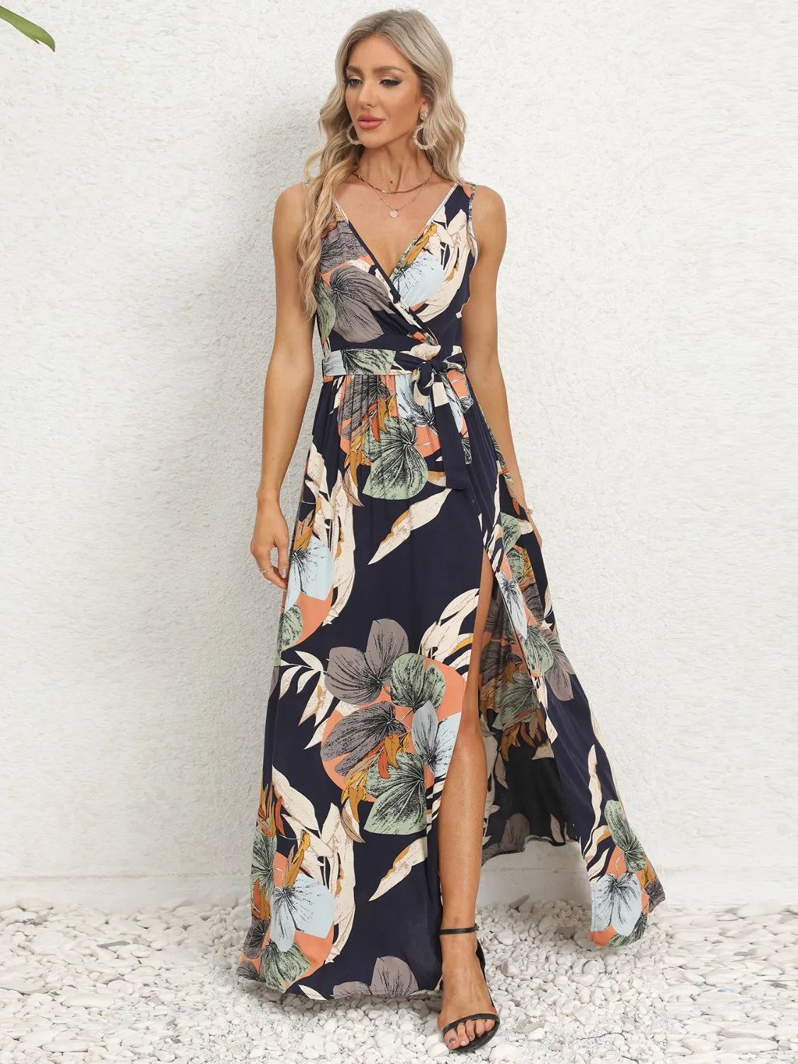 Slit Tied Printed Surplice Dress Casual Dresses - Tophatter Daily Deals