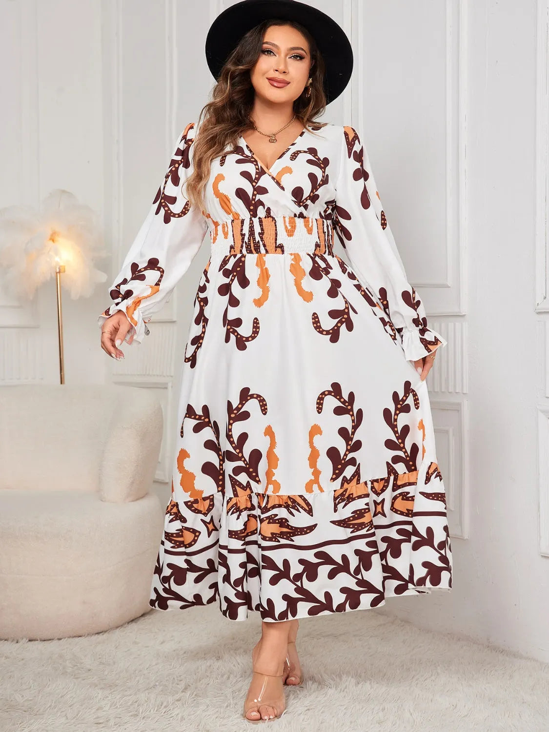 Honey Plus Size Printed Surplice Flounce Sleeve Dress White Casual Dresses - Tophatter Daily Deals