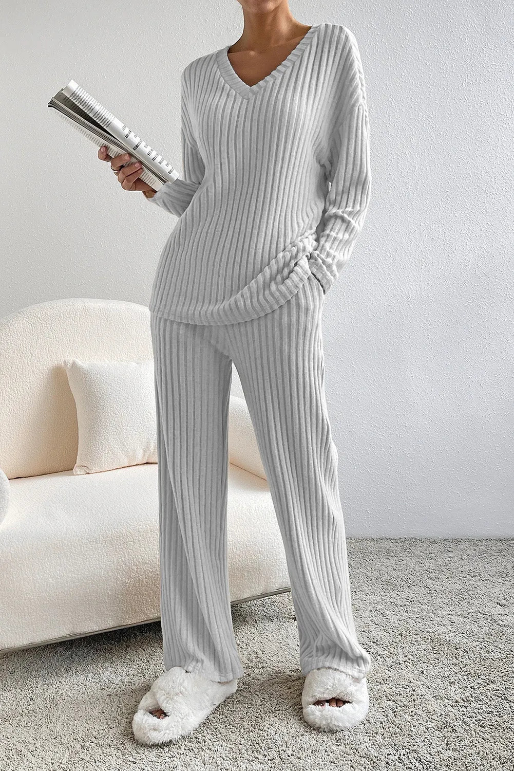Light Grey Ribbed Knit V Neck Slouchy Two-piece Outfit Loungewear & Sleepwear/Loungewear - Tophatter Daily Deals