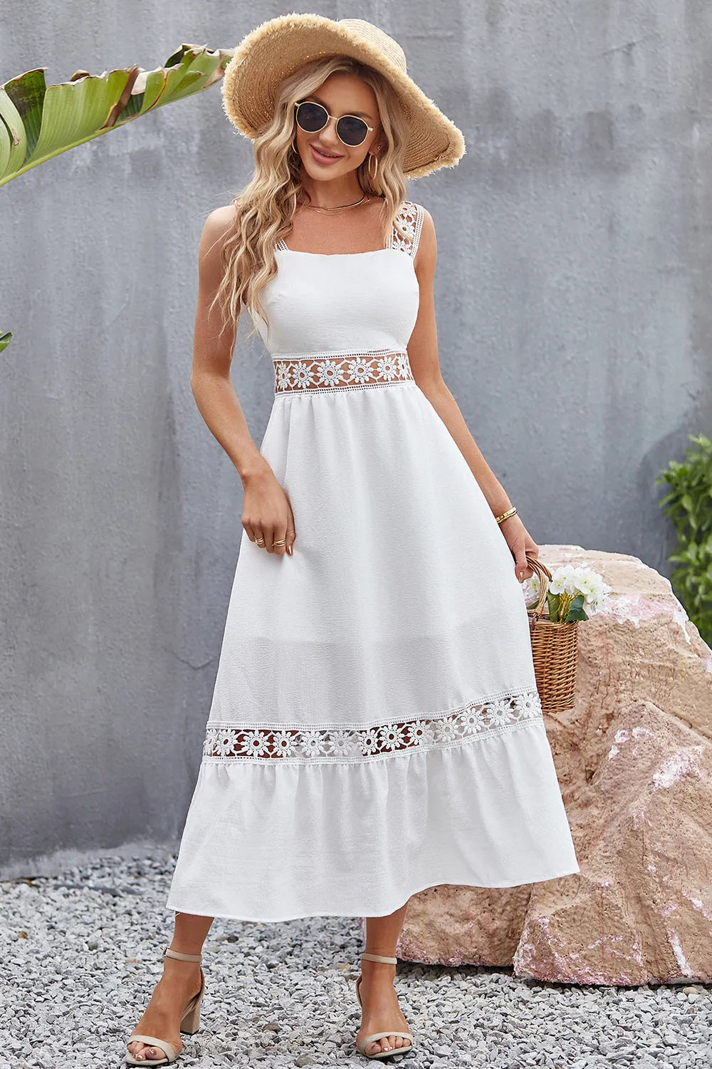 Flower Crochet Wide Strap Midi Dress White Casual Dresses - Tophatter Daily Deals