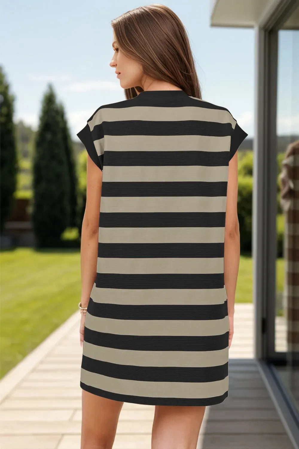 Striped Round Neck Cap Sleeve Mini Dress Casual Dresses - Tophatter Daily Deals
