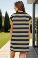 Striped Round Neck Cap Sleeve Mini Dress Casual Dresses - Tophatter Daily Deals