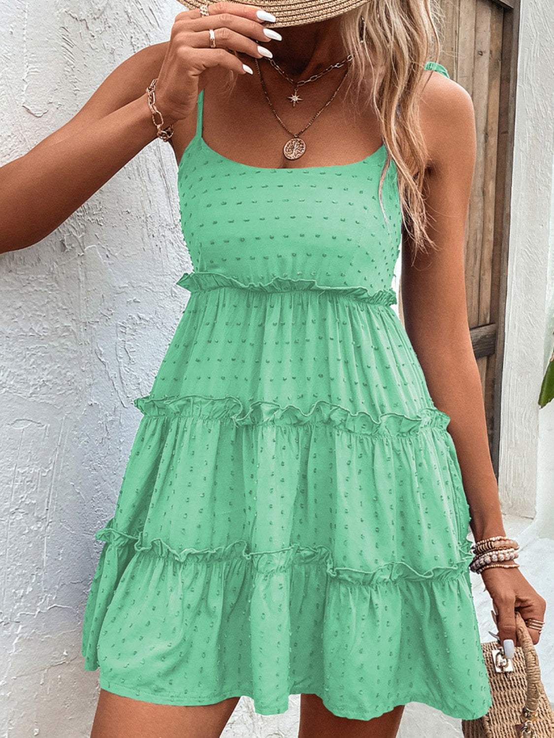 Frill Spaghetti Strap Tiered Dress Tiffany Blue Casual Dresses - Tophatter Daily Deals