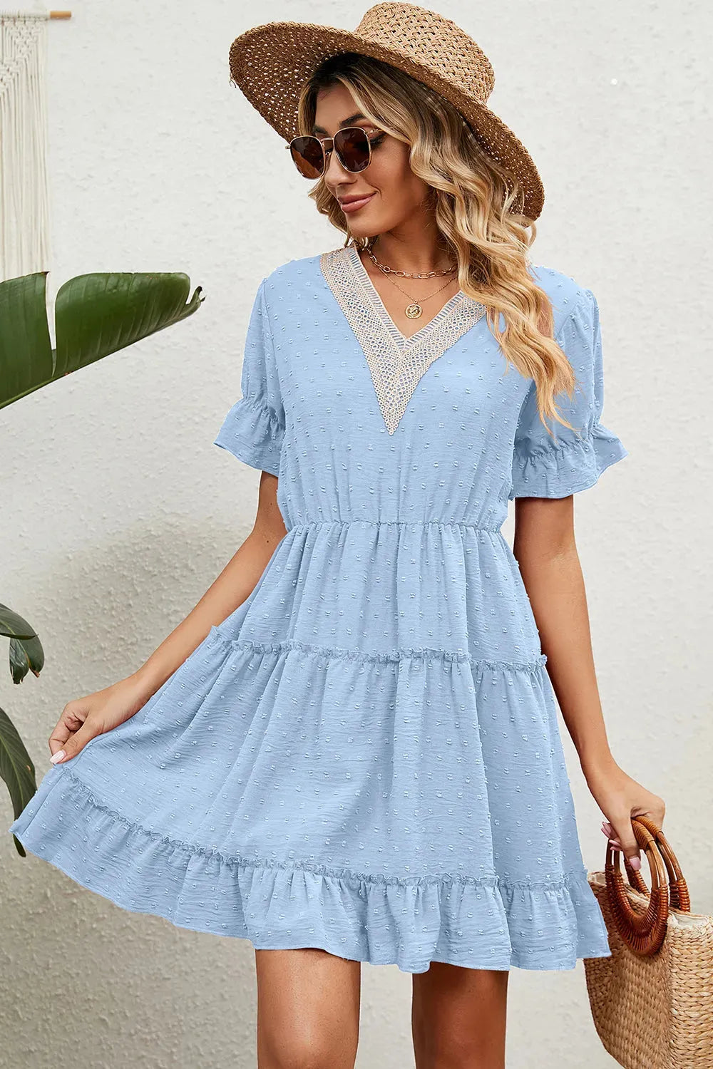 Swiss Dot V-Neck Flounce Sleeve Mini Dress Casual Dresses - Tophatter Daily Deals