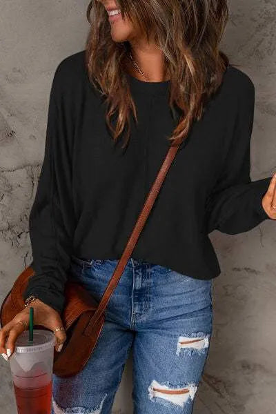 Double Take Full Size Round Neck Long Sleeve T-Shirt Black Women's T-Shirts - Tophatter Daily Deals