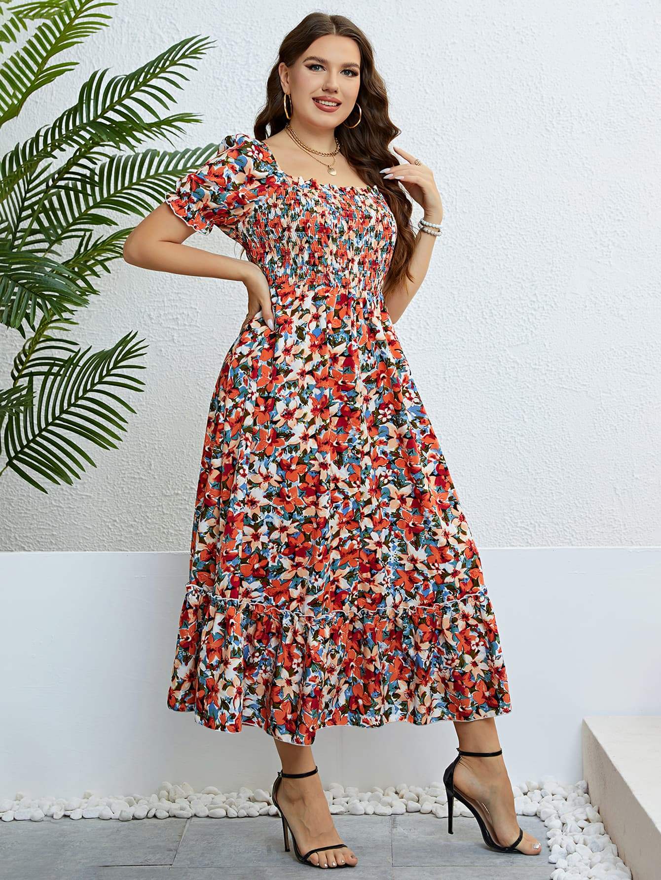 Plus Size Floral Smocked Square Neck Dress Casual Dresses - Tophatter Daily Deals