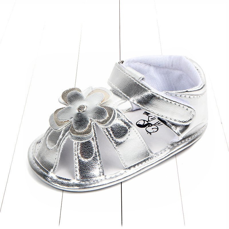baby toddler shoes baby big flower PU sandals Silver 0 - Tophatter Daily Deals