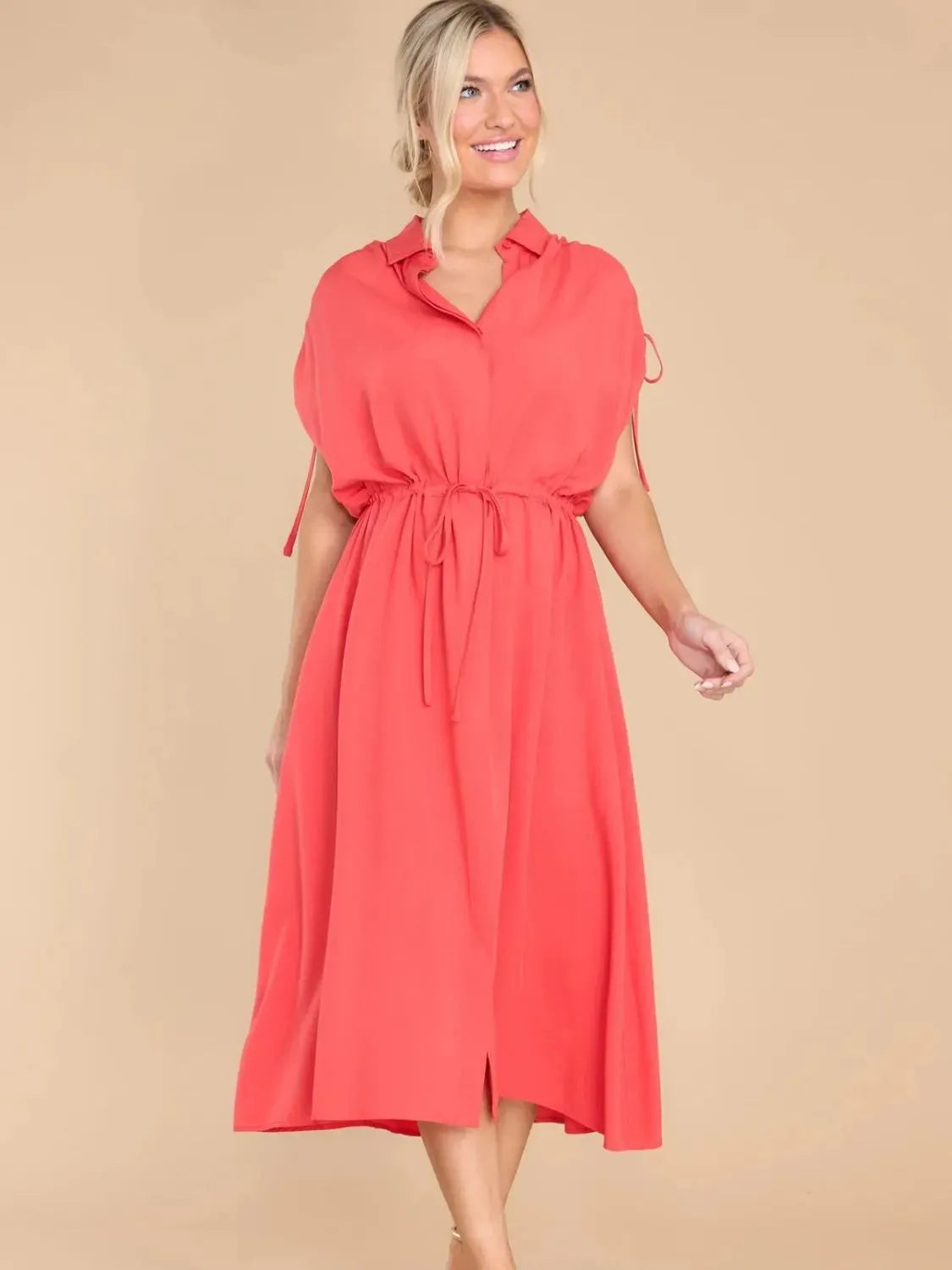 Drawstring Collared Neck Short Sleeve Midi Dress Casual Dresses - Tophatter Daily Deals