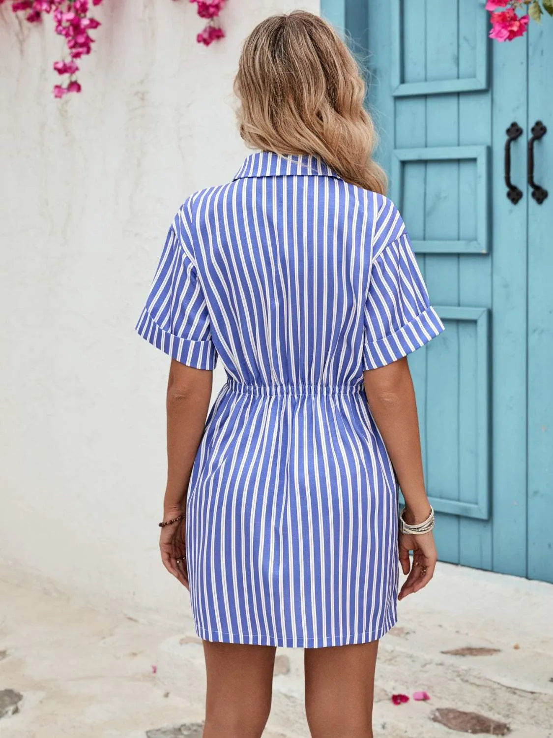 Striped Half Button Short Sleeve Midi Dress Casual Dresses - Tophatter Daily Deals