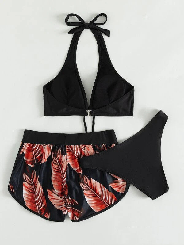 3pcs Leaf Print Bikini With Shorts Fashion Summer Beach Swimsuit Womens Clothing Pattern6 4 - Tophatter Daily Deals