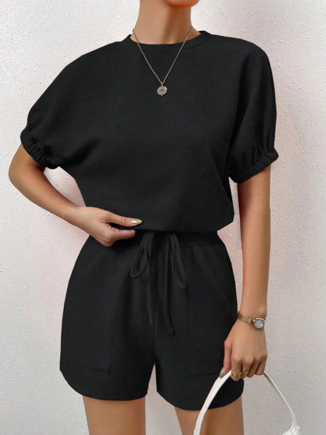 Waffle-Knit Round Neck T-Shirt and Pocketed Shorts Lounge Set Black Loungewear Sets - Tophatter Daily Deals