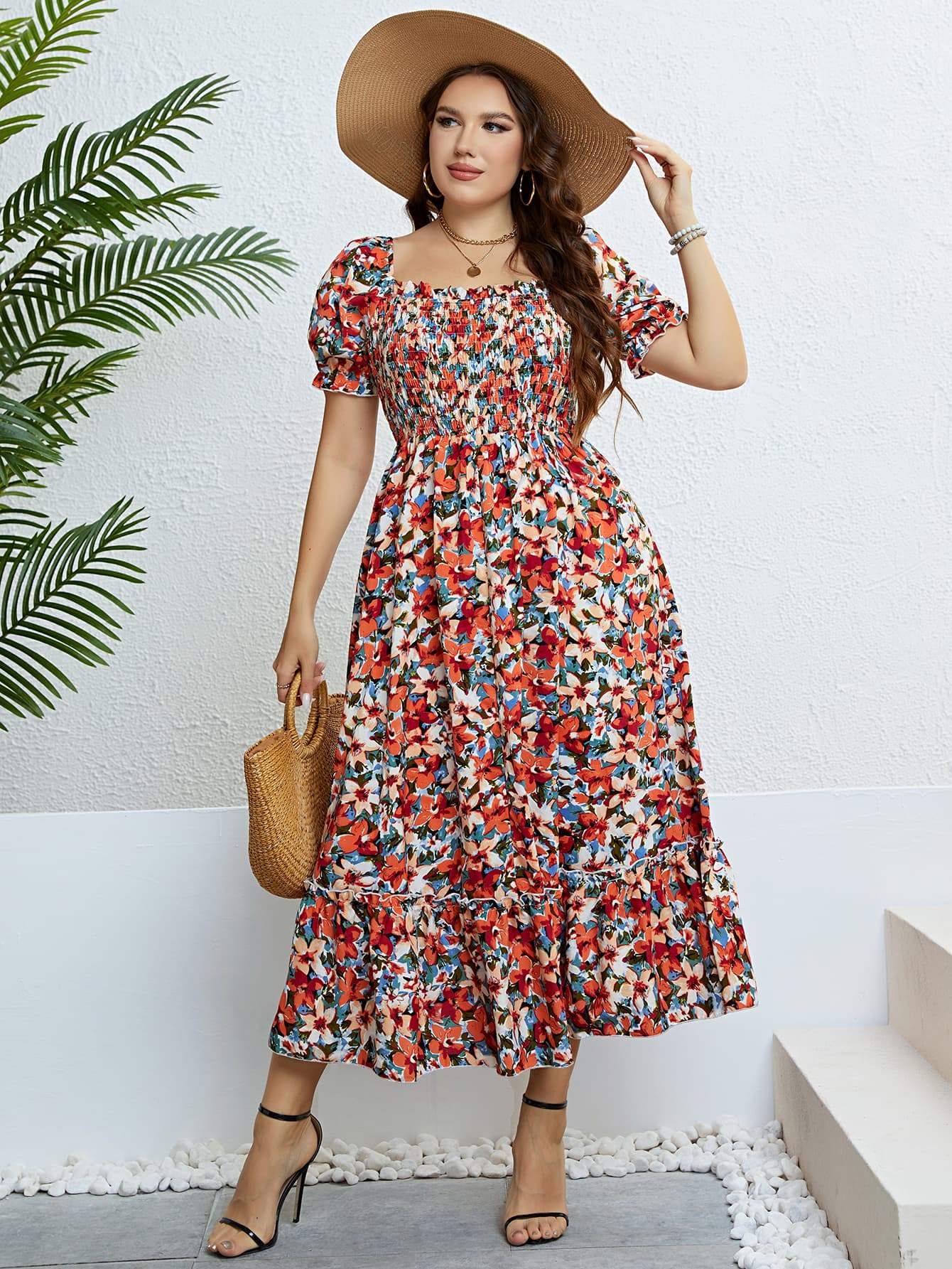 Plus Size Floral Smocked Square Neck Dress Casual Dresses - Tophatter Daily Deals