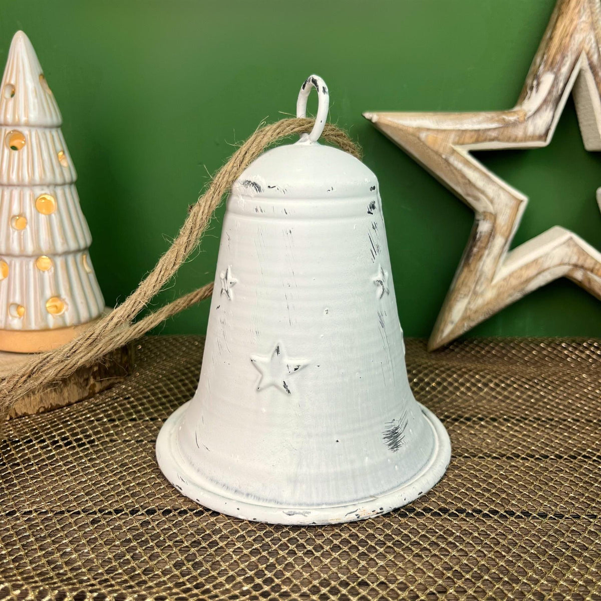 White Metal Christmas Bell Rustic Tree Decorations | Embossed Xmas Hanging Bell | Festive Jingle Bell Hanging Decorations Tree Decoration - Tophatter Daily Deals