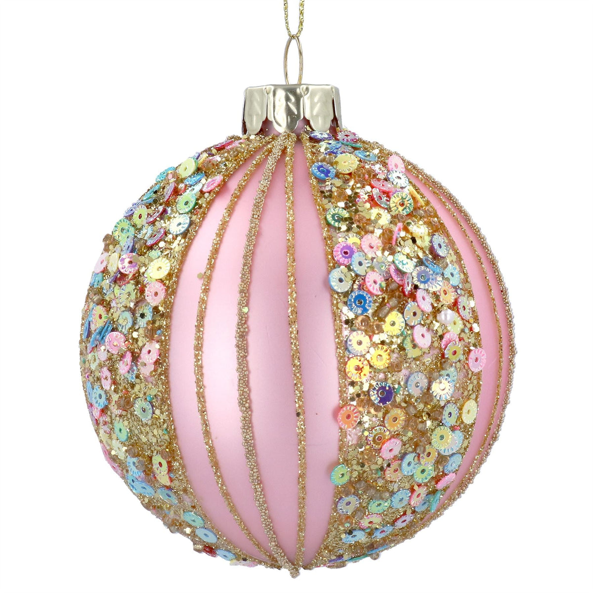 Matt Pink Bauble with Sequins | Luxury Christmas Tree Hanging Ornament - 8cm Baubles - Tophatter Daily Deals