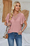 Eyelet Applique V-Neck Cap Sleeve T-Shirt Dusty Pink Women's T-Shirts - Tophatter Daily Deals