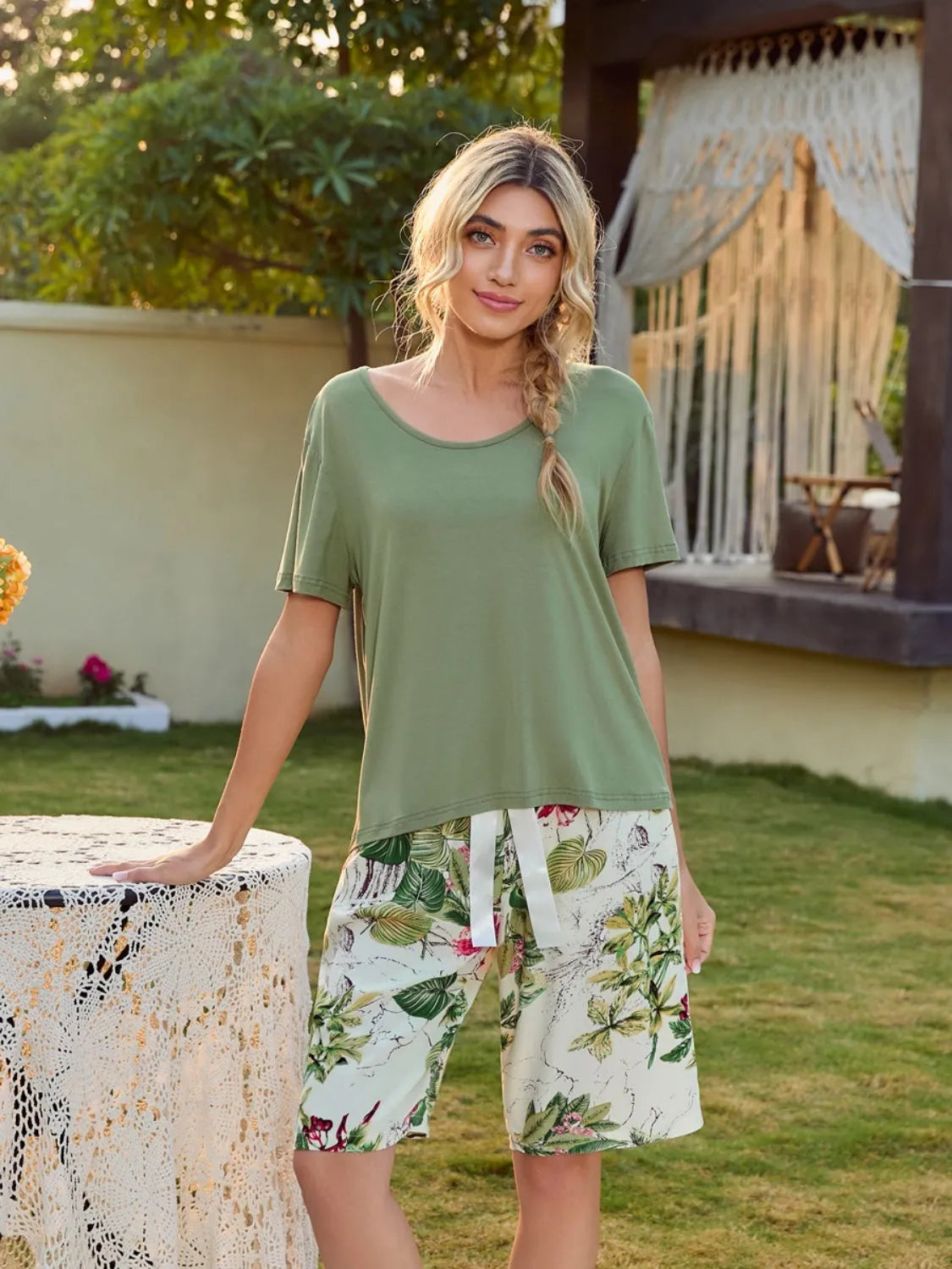 Short Sleeve Top and Printed Shorts Lounge Set Sage Loungewear Sets - Tophatter Daily Deals