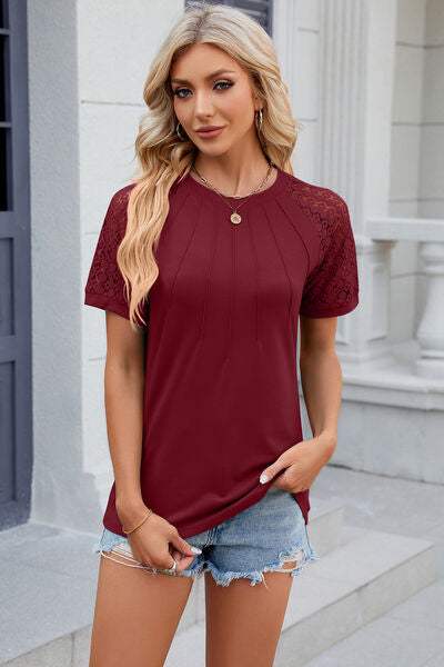 Openwork Round Neck Short Sleeve T-Shirt Wine Women's T-Shirts - Tophatter Daily Deals