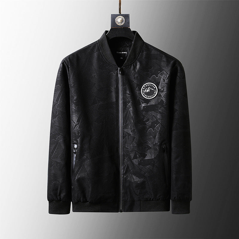 BLACK Plus Size Loose Clothes Men's Stand-up Collar Jacket Black geometry 0 - Tophatter Daily Deals