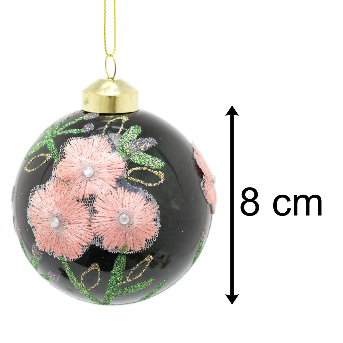 8cm Embroidered Floral Christmas Bauble | Green Glitter Christmas Ball Tree Decorations | Xmas Bauble Christmas Decor - Design Varies One Supplied Baubles - Tophatter Daily Deals