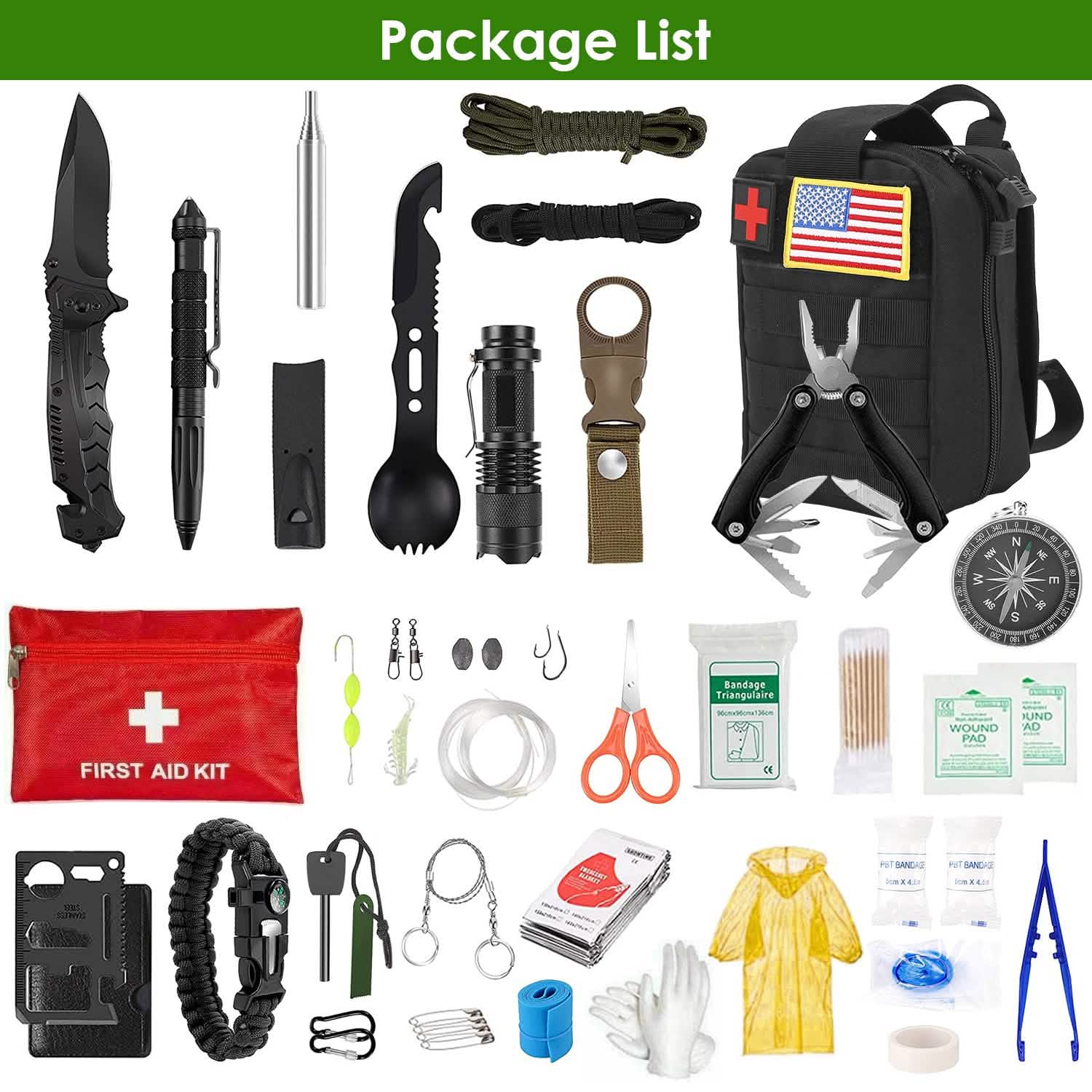 47-Pieces: Emergency Survival Kit EDC Gear Equipment Tool with Pouch Outdoor Recreation - Tophatter Daily Deals