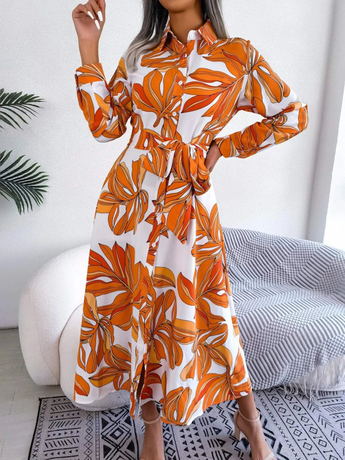 Tied Button Up Long Sleeve Dress Tangerine Casual Dresses - Tophatter Daily Deals