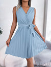 Tied Surplice Sleeveless Pleated Dress Misty Blue Casual Dresses - Tophatter Daily Deals