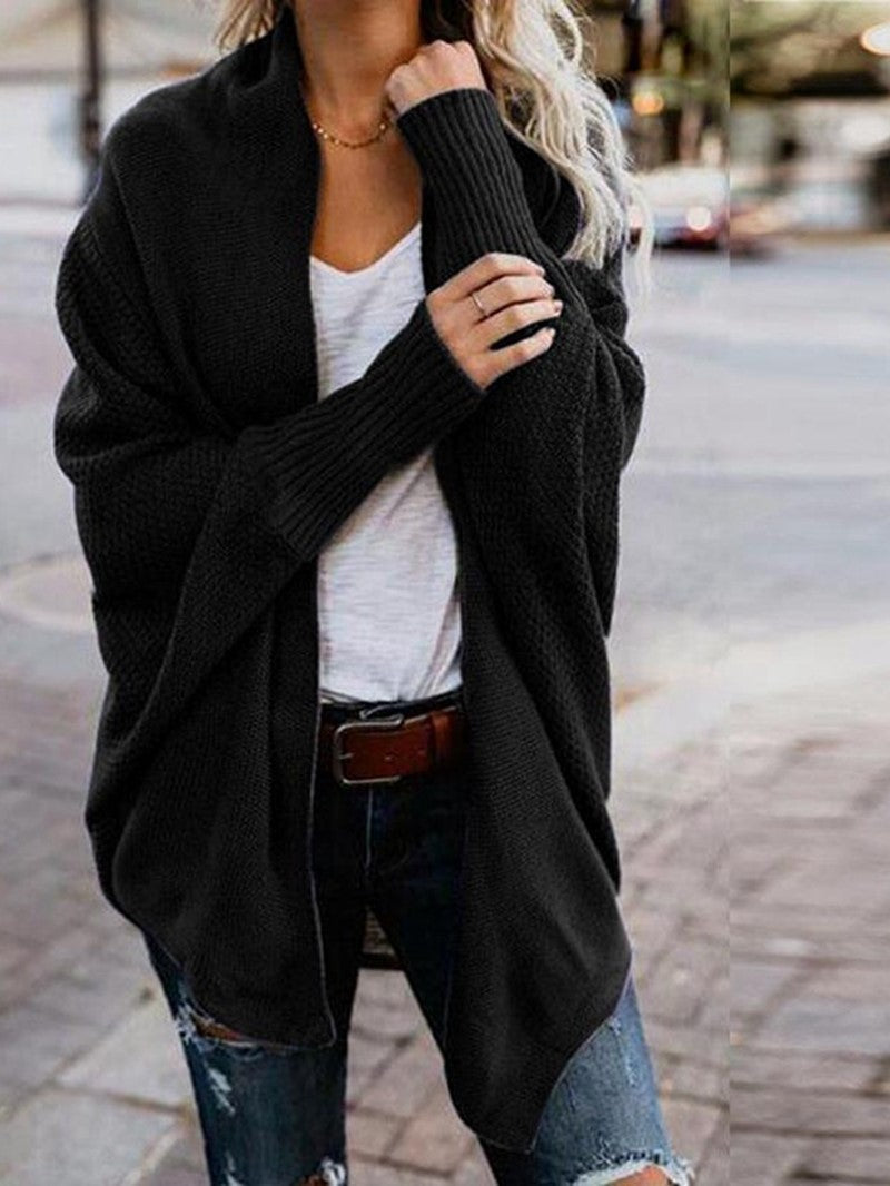 Bat Ssleeve Plus Size Knitted Cardigan Sweater Black 0 - Tophatter Daily Deals