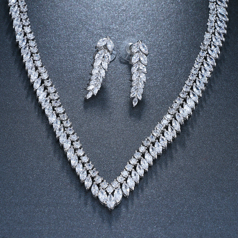 Bridal Wedding Jewelry Zircon Leaf Necklace Earrings 0 - Tophatter Daily Deals