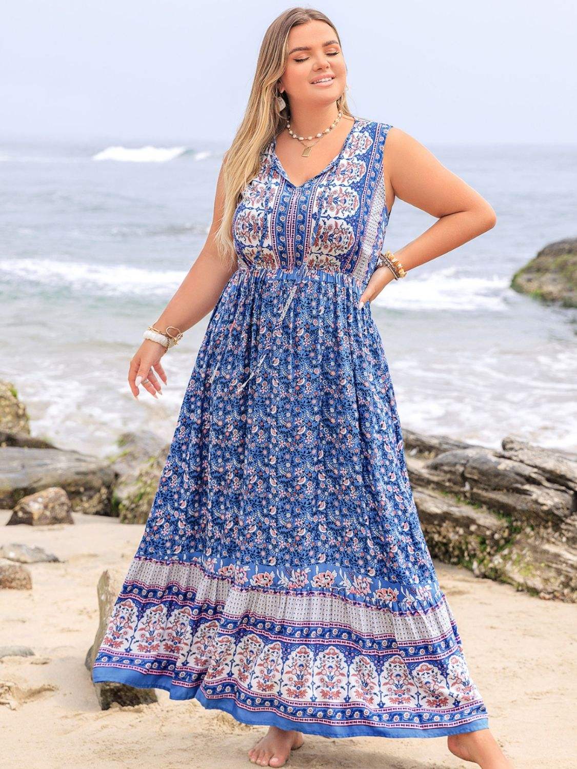 Plus Size Tied Printed Sleeveless Maxi Dress Casual Dresses - Tophatter Daily Deals