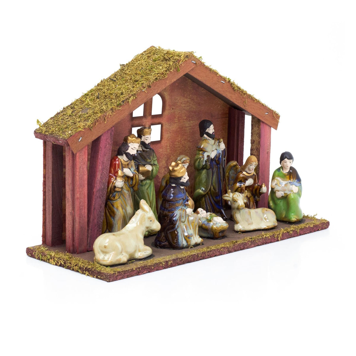 11-Piece Traditional Nativity Set with 10 Ceramic Figures & Wooden Stable - 30cm Nativity Set - Tophatter Daily Deals