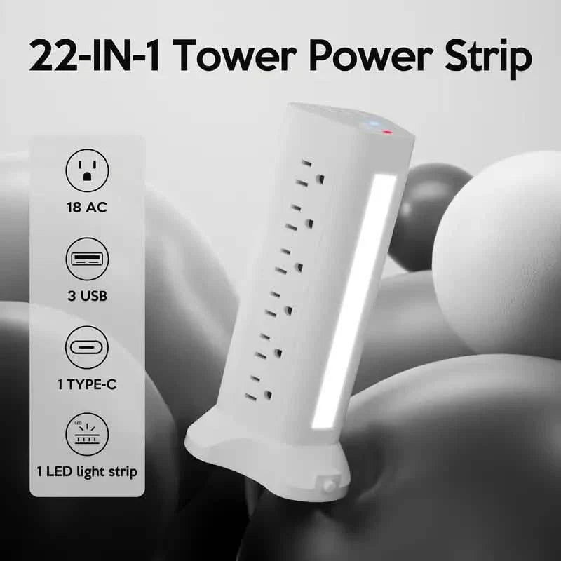 22-in-1 Power Strip Tower with 4 USB Ports & 9 AC Outlets, 10ft Extension Cable, 3-Color Night Light Electronics - Tophatter Daily Deals