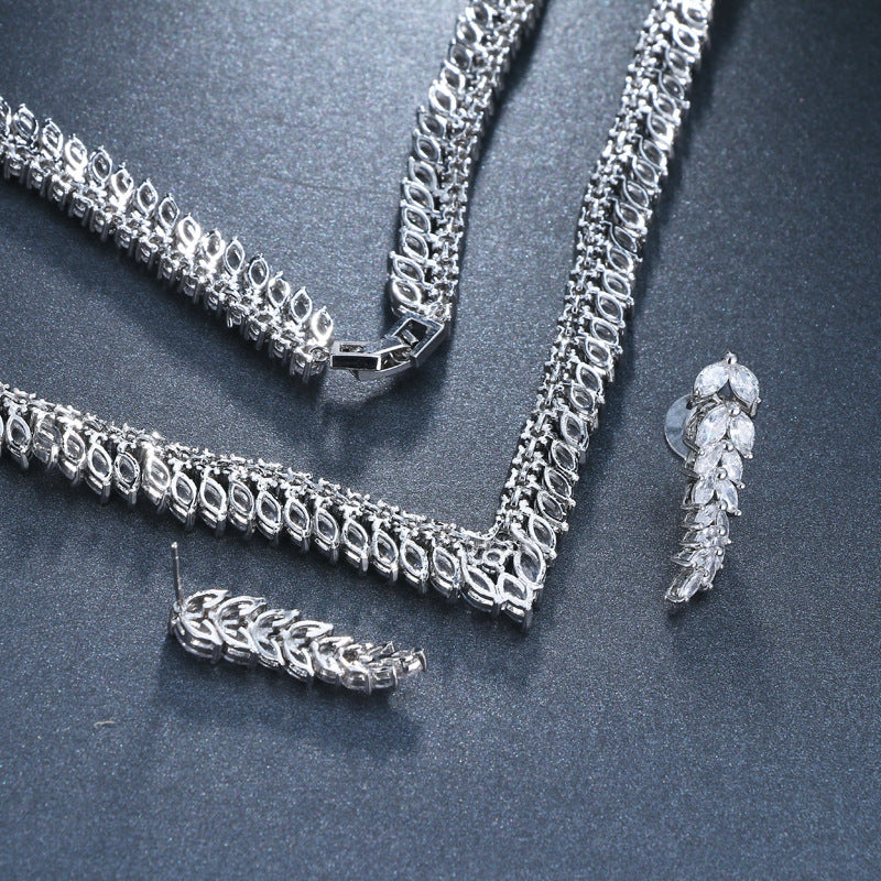 Bridal Wedding Jewelry Zircon Leaf Necklace Earrings 0 - Tophatter Daily Deals