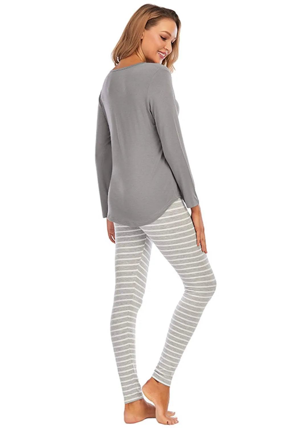Graphic Round Neck Top and Striped Pants Set Loungewear Sets - Tophatter Daily Deals