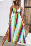 Multicolored Stripe Crisscross Backless Dress Purple Green Casual Dresses - Tophatter Daily Deals