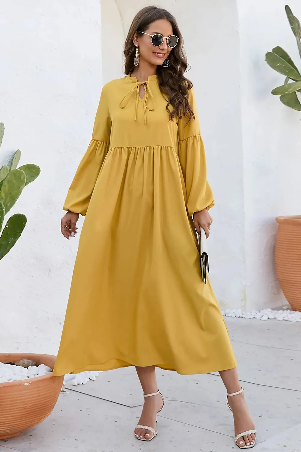 Ruched Tie Neck Balloon Sleeve Midi Dress - Tophatter Deals and Online Shopping - Electronics, Jewelry, Beauty, Health, Gadgets, Fashion - Tophatter's Discounts & Offers - tophatters - tophatters.co