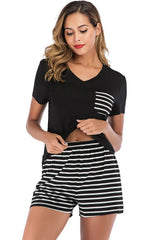 Striped Short Sleeve Top and Shorts Lounge Set Loungewear Sets - Tophatter Daily Deals