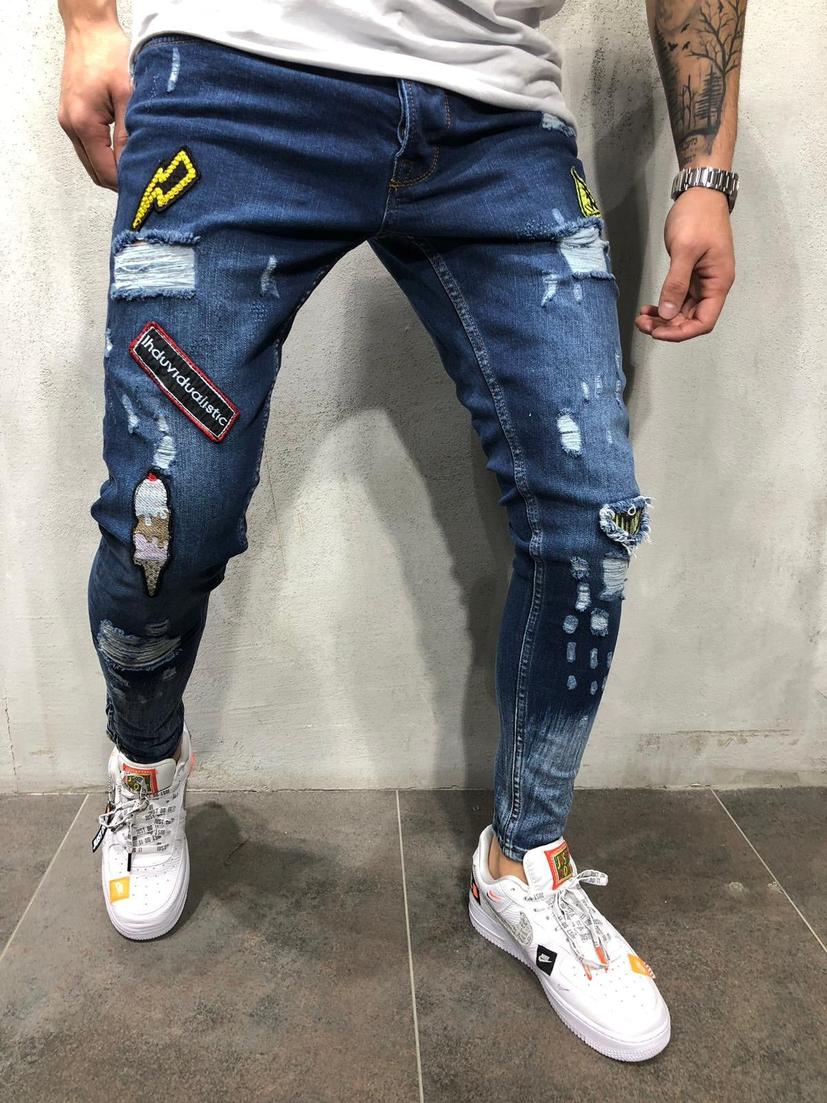 Blue ripped logo jeans Dark blue 0 - Tophatter Daily Deals