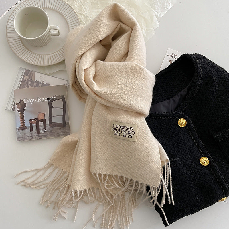 Warm Women Scarf - Reversible Fringed Cashmere Winter sand - Tophatter Daily Deals