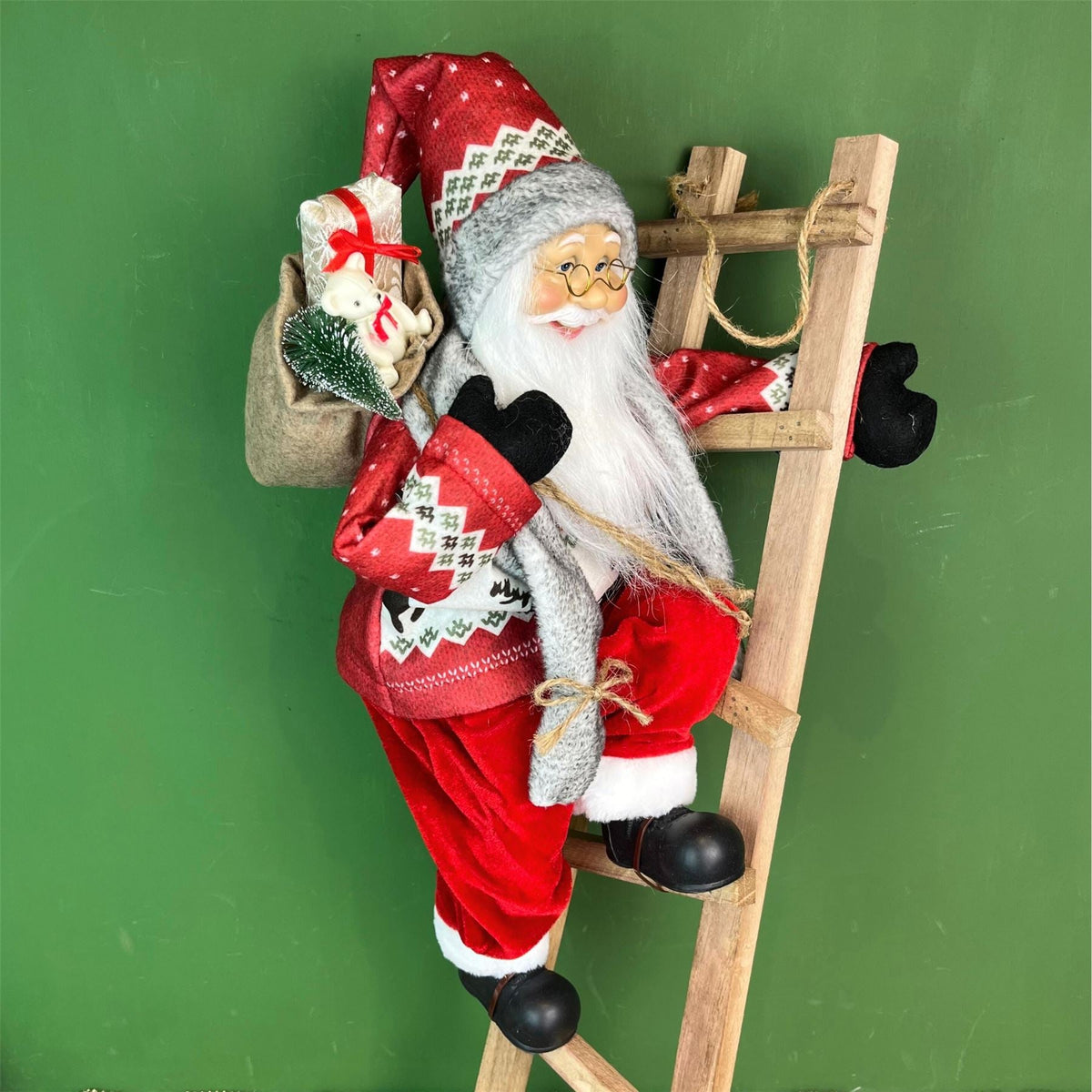 Santa on a Ladder Figurine | Traditional Climbing Father Christmas Decoration - 65cm Ornament - Tophatter Daily Deals