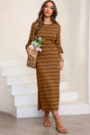 Slit Striped Round Neck Midi Dress Casual Dresses - Tophatter Daily Deals