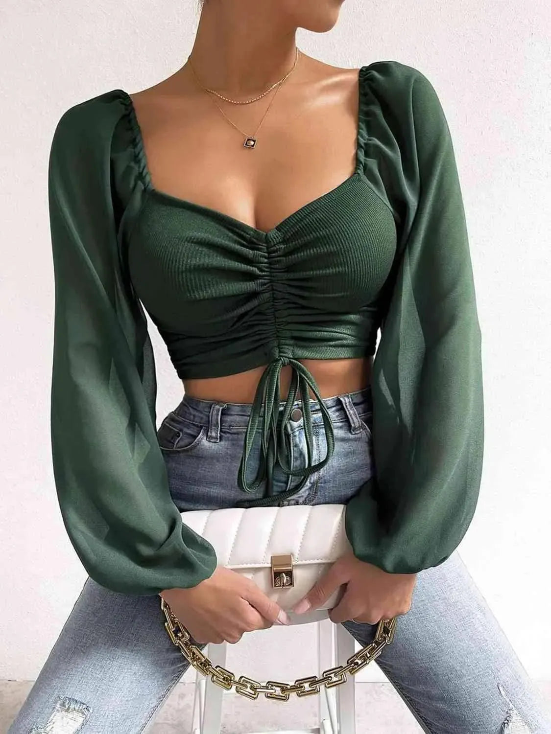 Drawstring Sweetheart Neck Cropped Top Army Green Blouses - Tophatter Daily Deals