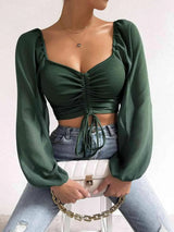 Drawstring Sweetheart Neck Cropped Top Army Green Blouses - Tophatter Daily Deals